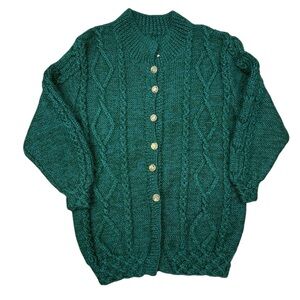 Chunky Emerald Green Cable Knit Sweater with Leopard Buttons